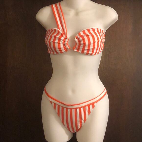 CUPSHE Brand Women's Medium Orange & White Striped Bikini High Cut - Picture 1 of 6